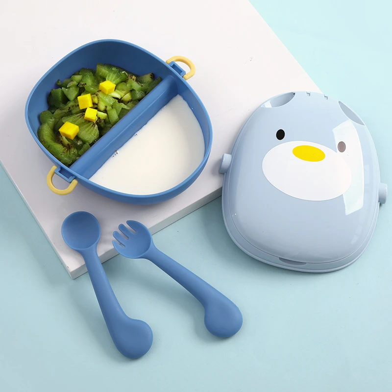 幼儿可爱家用防摔防滑防烫吃饭碗带盖餐具弯曲折叠分格