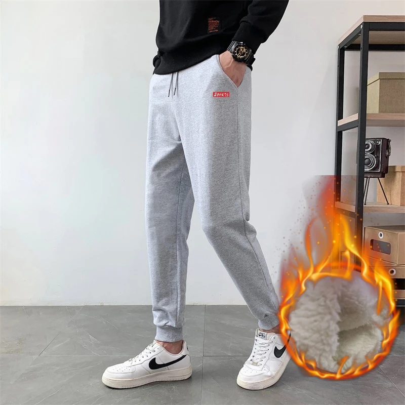 灰色裤子男士秋冬潮流束脚加绒卫裤哈伦松紧腰抽绳运动学生长裤子