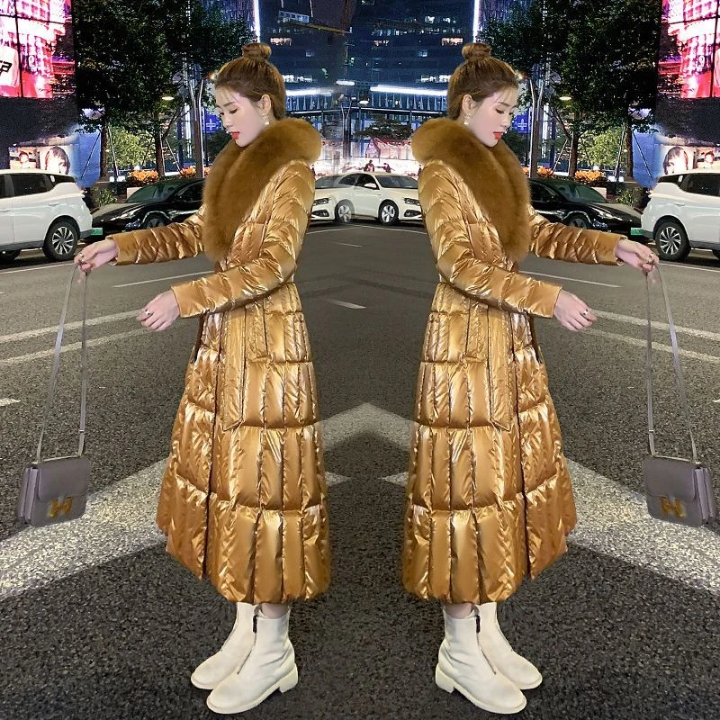 高端正品90白鸭绒羽绒服女长款亮面2023冬季新款防寒加厚外套大码