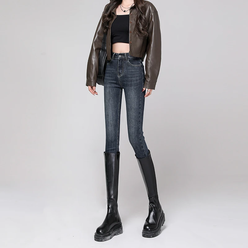 Etam/艾格紧身小脚牛仔裤女2024秋冬新款高腰显瘦修身弹力铅笔裤