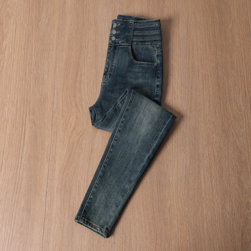 Etam/艾格复古高腰显瘦小脚牛仔裤女2024秋冬新款修身百搭铅笔裤