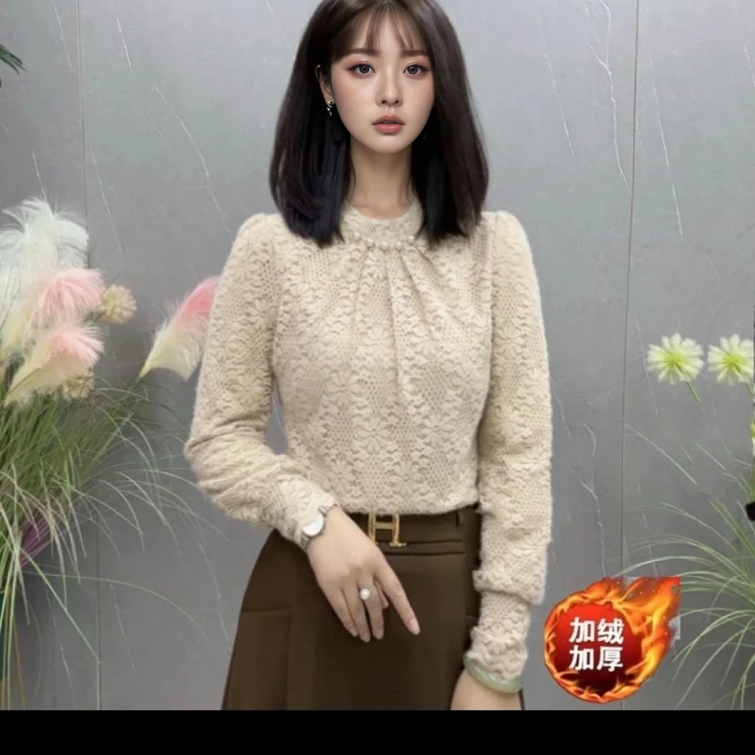 加绒蕾丝磨毛打底衫女秋冬爆款时尚洋气植绒小衫内搭加厚保暖上衣