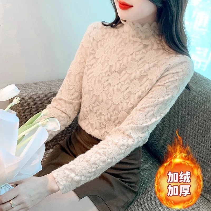 蕾丝植绒半高领加绒打底衫女秋冬新款加厚洋气时尚百搭保暖上衣女