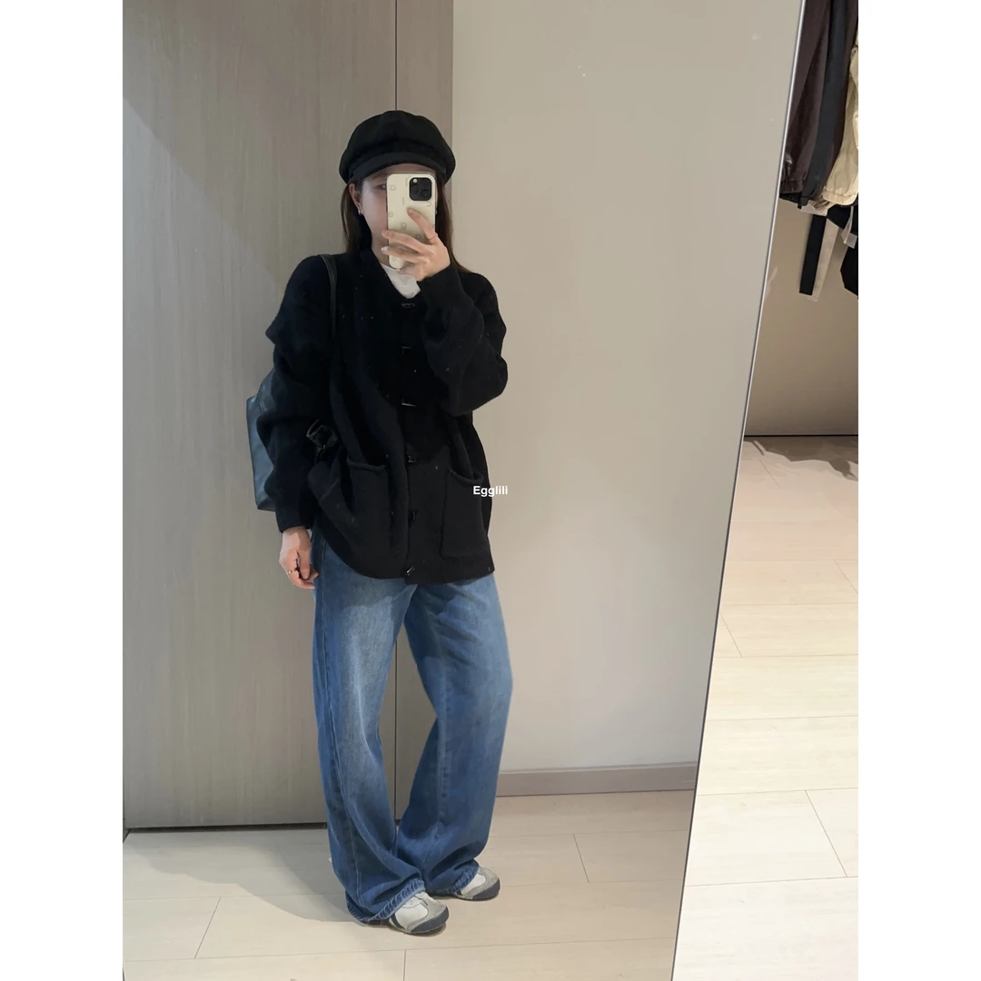 【牛角扣粗针开衫】宽松毛衣外套