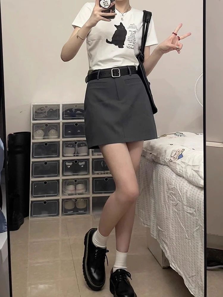 灰色西装短裙女夏季大码胖妹妹小个子梨形身材穿搭显瘦半身裙a字