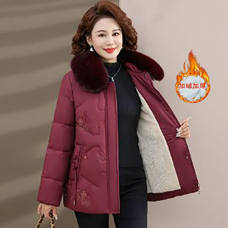 A2481新中式妈妈冬装加绒保暖棉衣中老年女加厚毛领绣花棉服外套