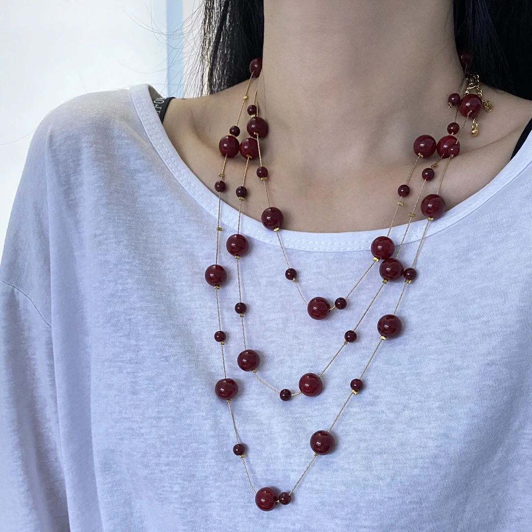 铜合金项链 复古红色串珠项链轻奢女小众高级时尚多层叠戴毛衣链