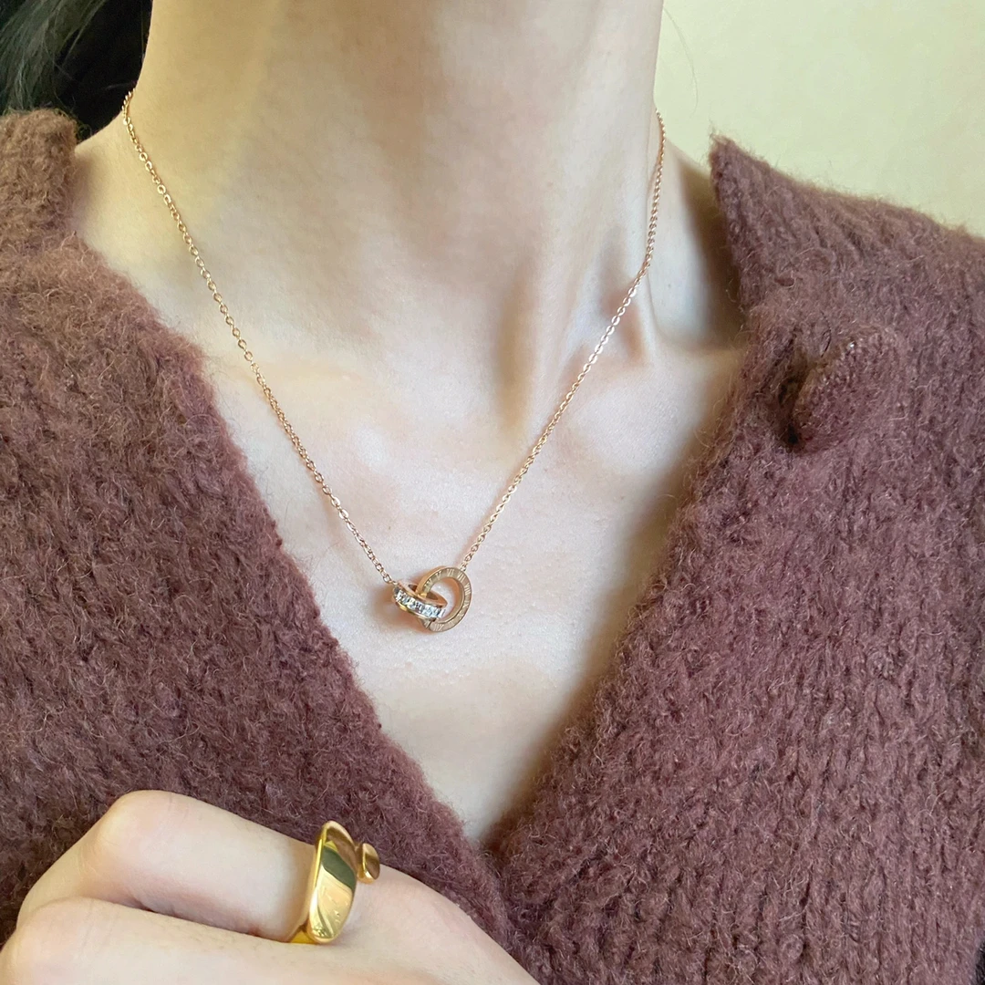 钛钢项链 不掉色环环相扣幸运环ins几何圆环锁骨链女极简约气质女