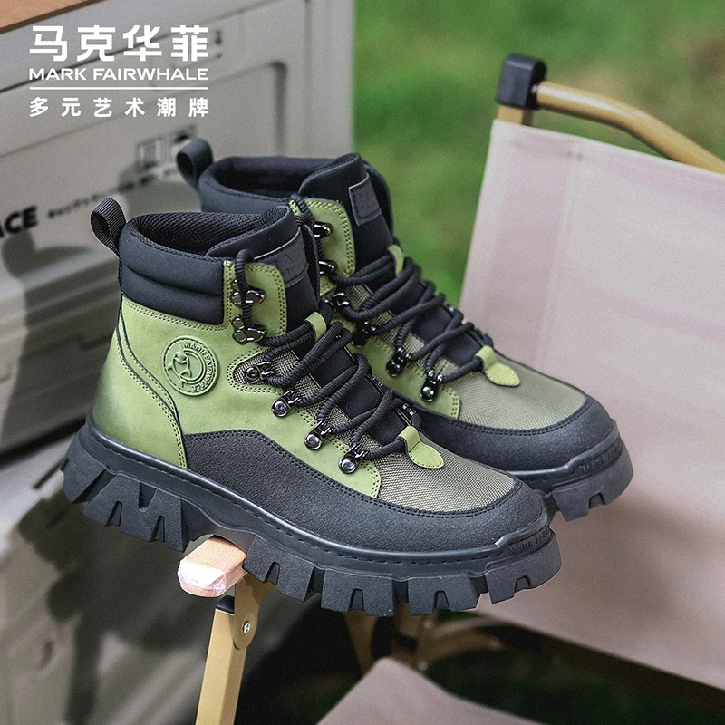 马克华菲秋冬新款真皮高帮马丁靴工装靴时尚百搭厚底户外靴复古靴