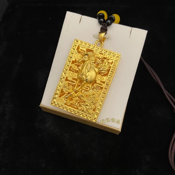 合金吊坠 马到成功吊坠饰品天官赐福金工金色男士挂坠镂空精雕