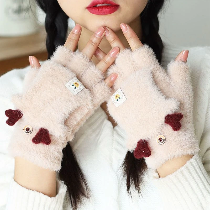 可爱鹿角女翻盖半指手套网红冬季加绒加厚成人卡通学生防寒露指