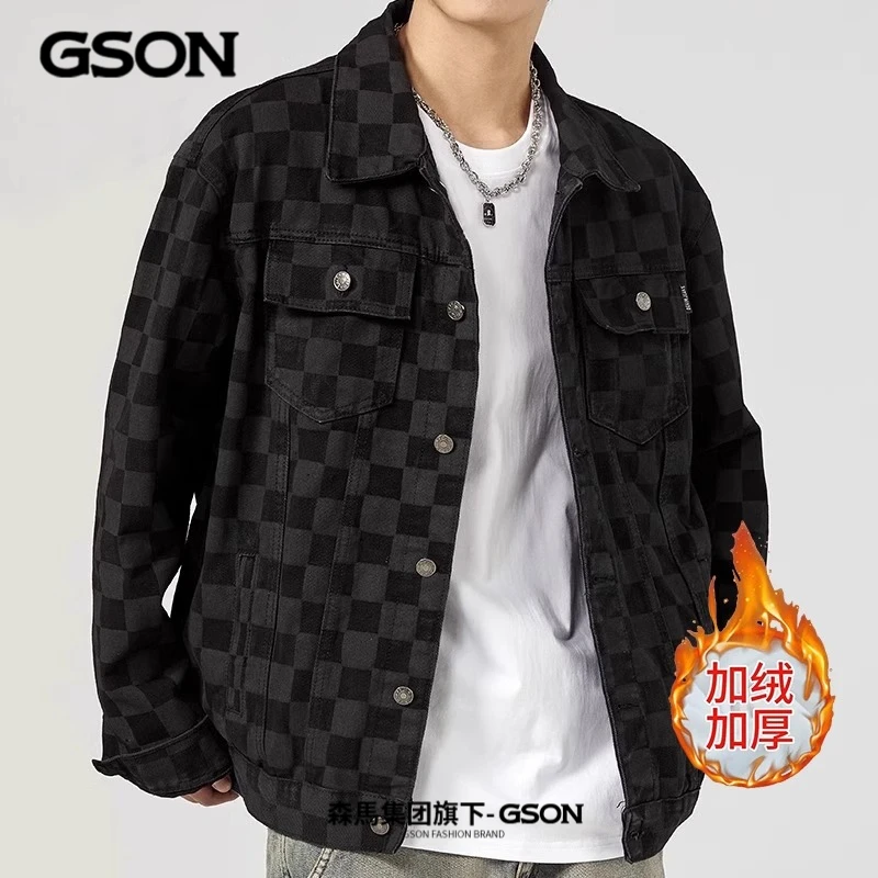 GSON加绒加厚美式牛仔衣外套男士2023秋冬款百搭痞帅潮牌宽松夹克