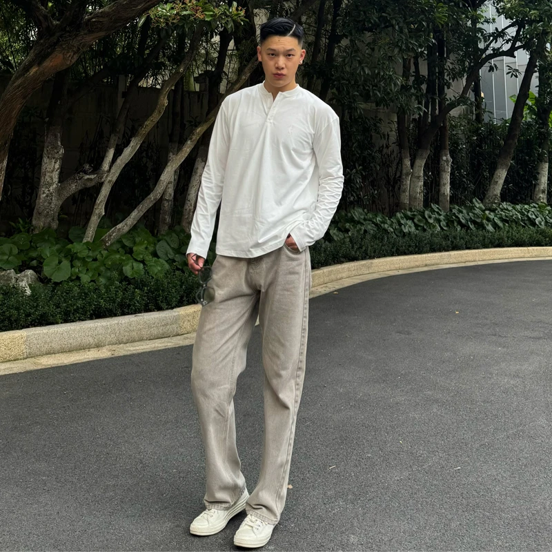 【AU高街灰牛】直筒休闲裤男款秋季户外透气水洗牛仔裤宽松