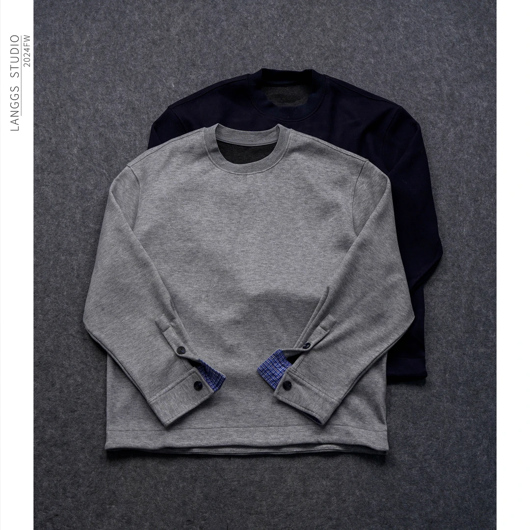 LANGGS&木子里 秋冬格纹拼接长袖T恤卫衣宽松百搭圆领上衣-D163