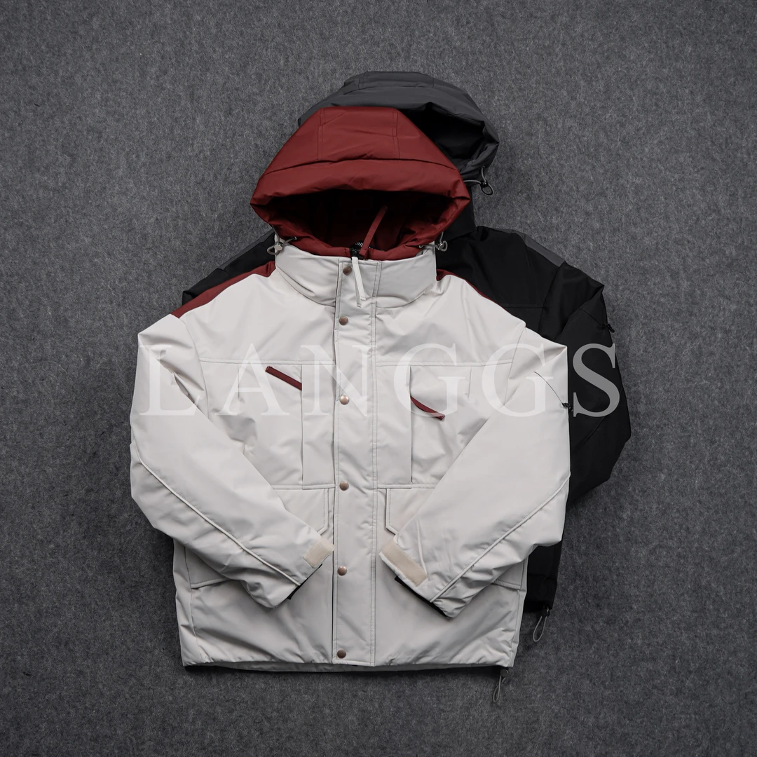 LANGGS&木子里 冬季复古拼接户外穿搭假两件防水连帽羽绒服-9899