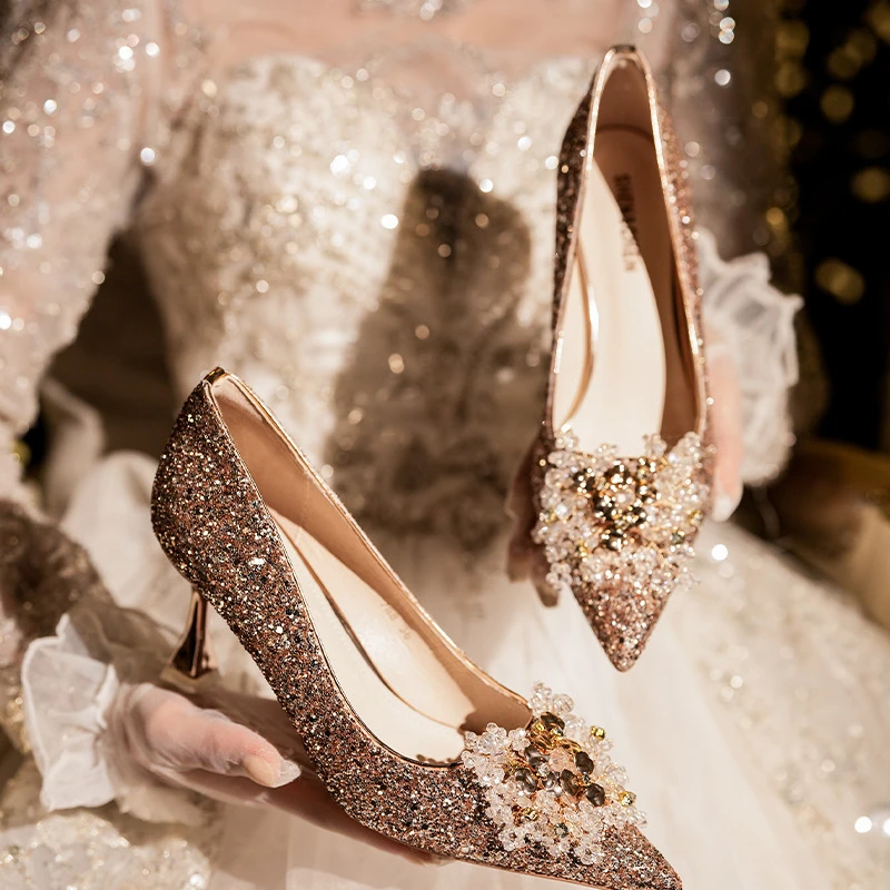 【5.5/7.5cm】升级款~新娘婚鞋气质婚纱香槟法式小众气质高跟不累脚