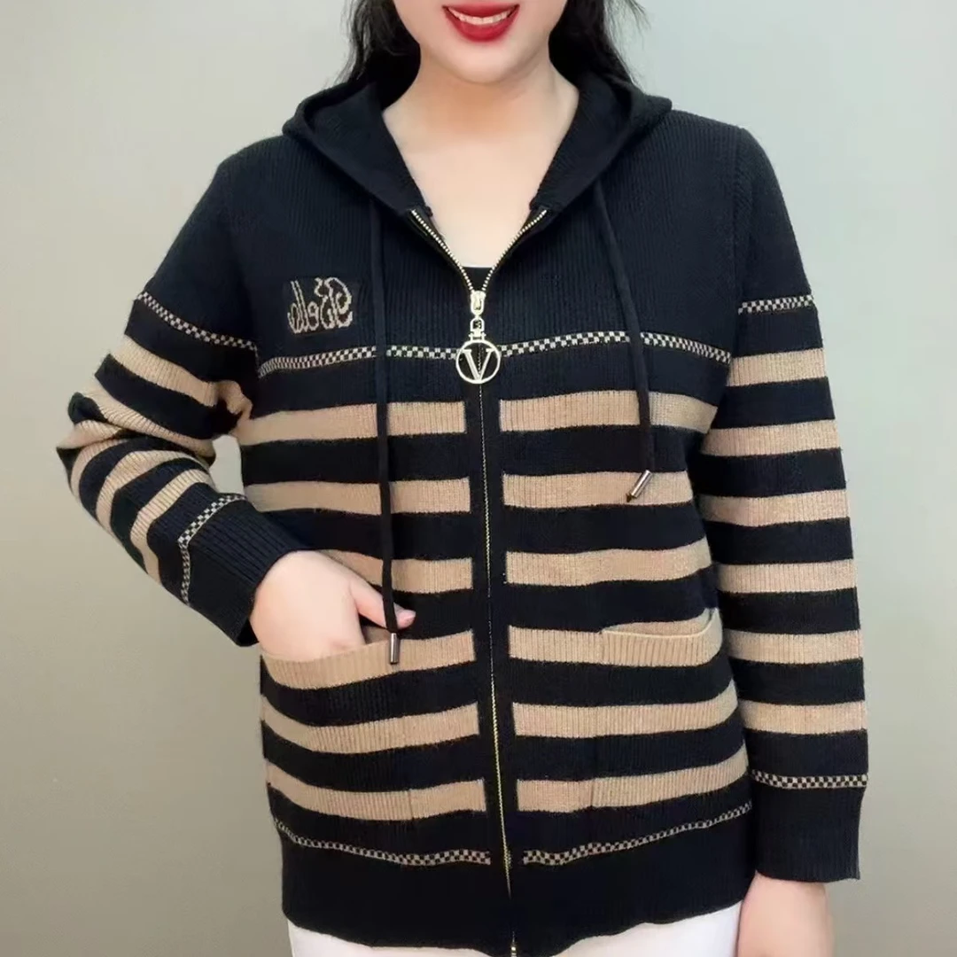 2024新款保暖外套百搭条纹拼色春秋款针织衫气质减龄中老年妈妈装