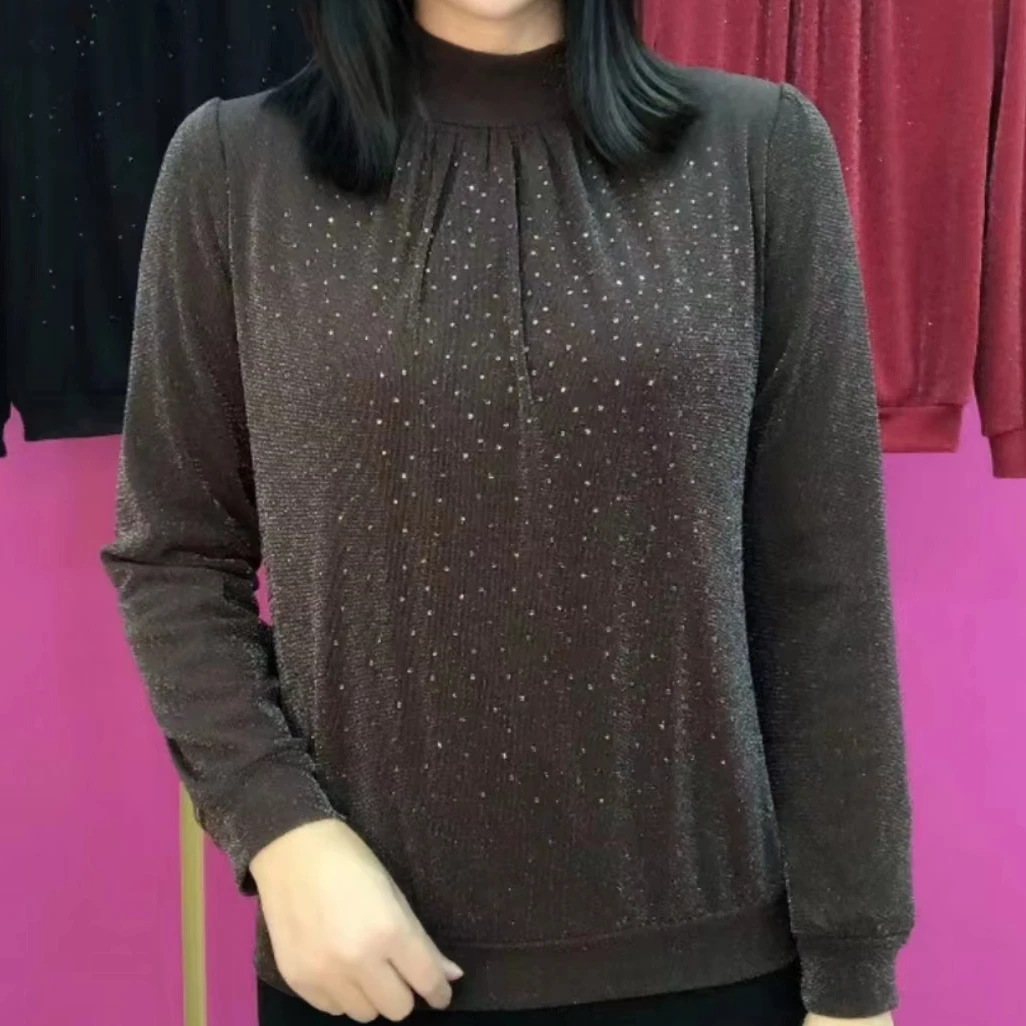 女士春秋款加绒保暖打底衫2024新款时尚镶钻满天星宽松显瘦打底衫