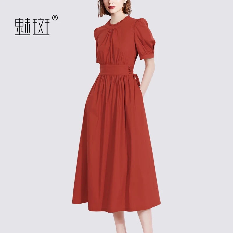 魅斑法式复古收腰绑带红色连衣裙女装2024新款夏款过膝长裙桔梗裙