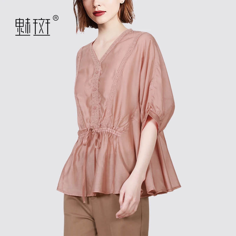 魅斑2023夏季新款V领灯笼袖娃娃衫减龄衬衫女设计感小众天丝衬衣