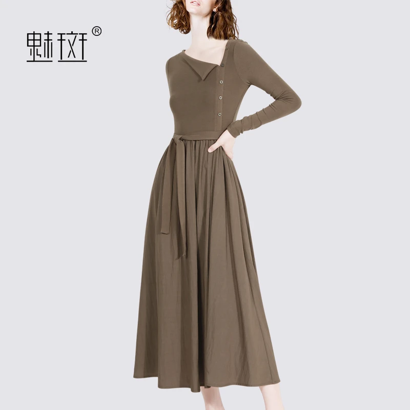 魅斑法式斜角领口连衣裙女2024秋季新款长袖系带修身裙子女