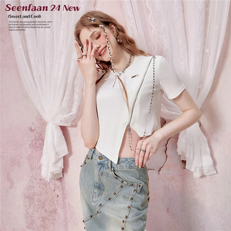 0120【金拐子专享】SEENFAAN盛放不规则拉链短袖T恤女短款EST087