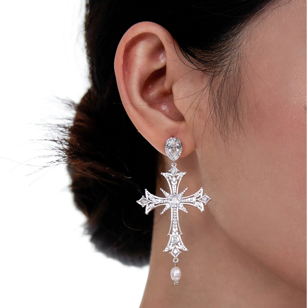 铜合金锆石耳饰 浮U生物 破碎都市 原创镶嵌十字架耳钉