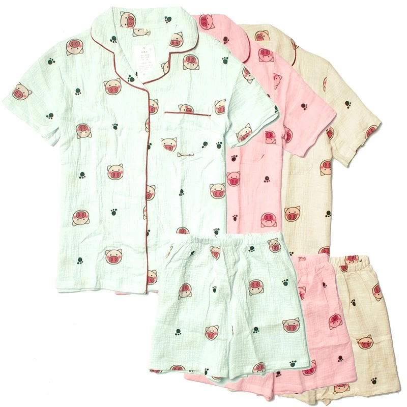 纯棉可爱小猪卡通纱布绉布女士夏季短袖短裤套装全棉柔软吸汗日系