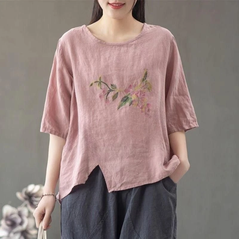 【棉麻上衣】女夏季新款薄刺绣大码宽松文艺复古T恤衫休闲显瘦纯色