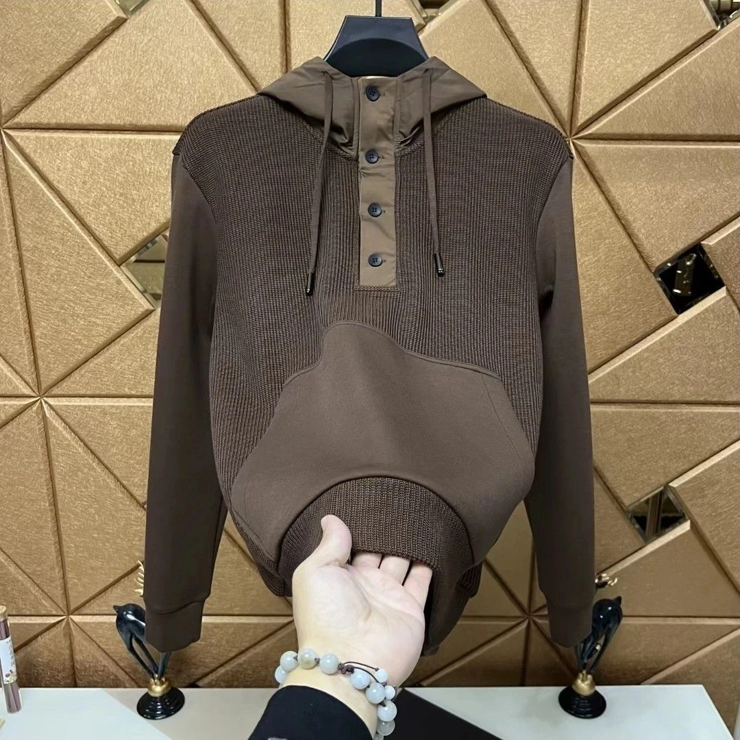 2023秋冬季新款男士连帽卫衣休闲纯色百搭时尚拼接长袖套头帽衫潮