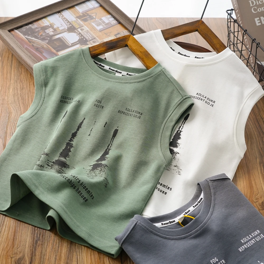 儿童男童夏季新款字母倒影百搭背心圆领中大童休闲上衣8984