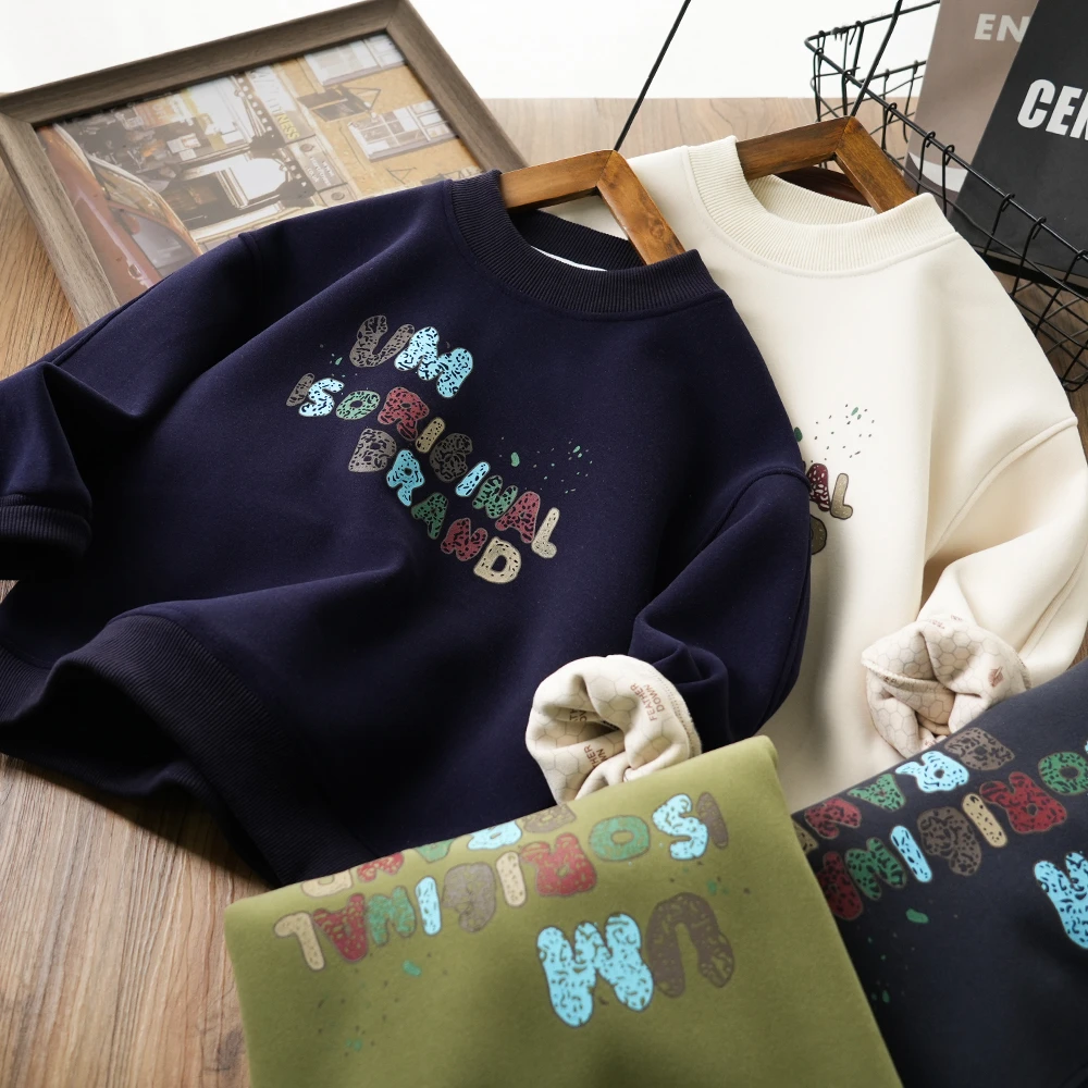 冬季自发热加绒防风卫衣保暖中大童男童趣味印花时尚上衣80836