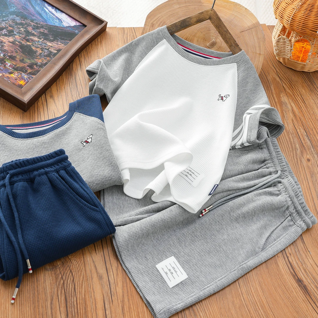 儿童男童夏季新款小狗刺绣华夫格拼色短袖套装中大童两件24X29