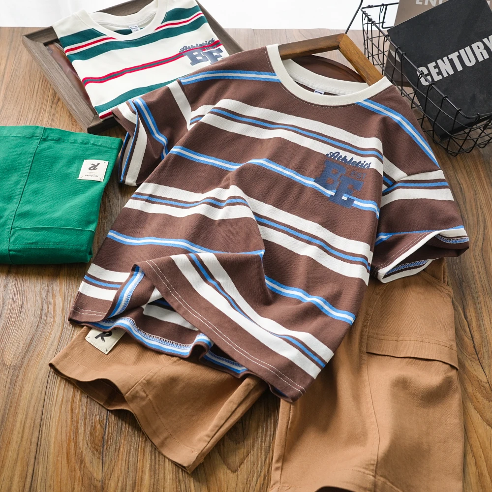 儿童男童夏季新款字母条纹短袖套装中大童休闲两件套2415-6