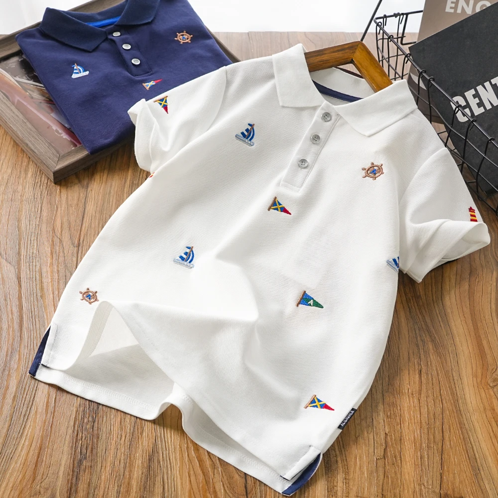 儿童男童夏季新款帆船刺绣休闲polo短袖中大童翻领洋气60916