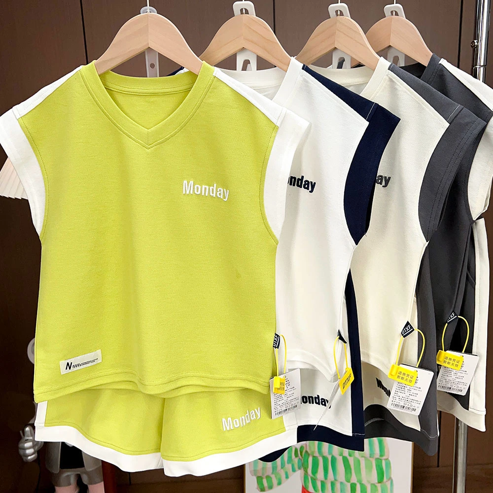 男童儿童夏季新款字母刺绣V领休闲背心套装中大童两件百搭26837