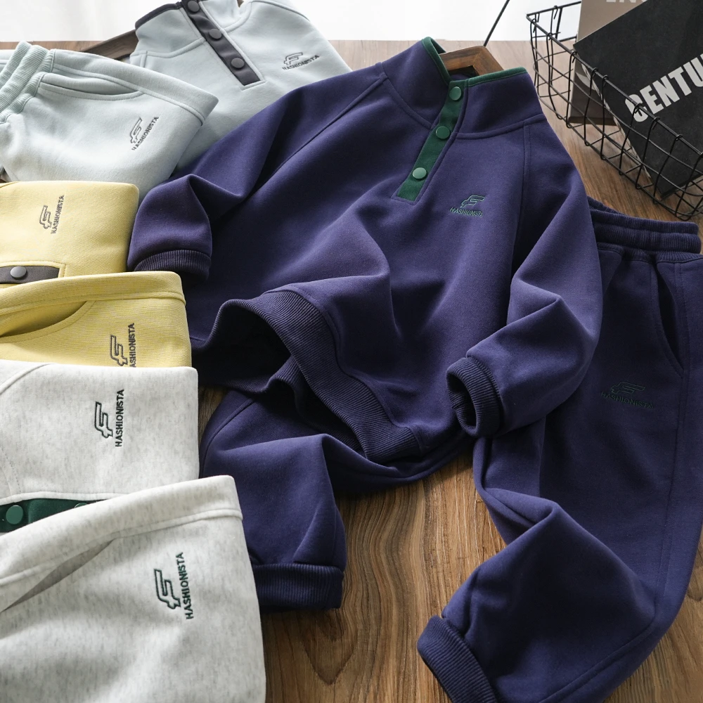 儿童男童春秋新款F刺绣开领拼接卫衣套装中大童高领两件套26135