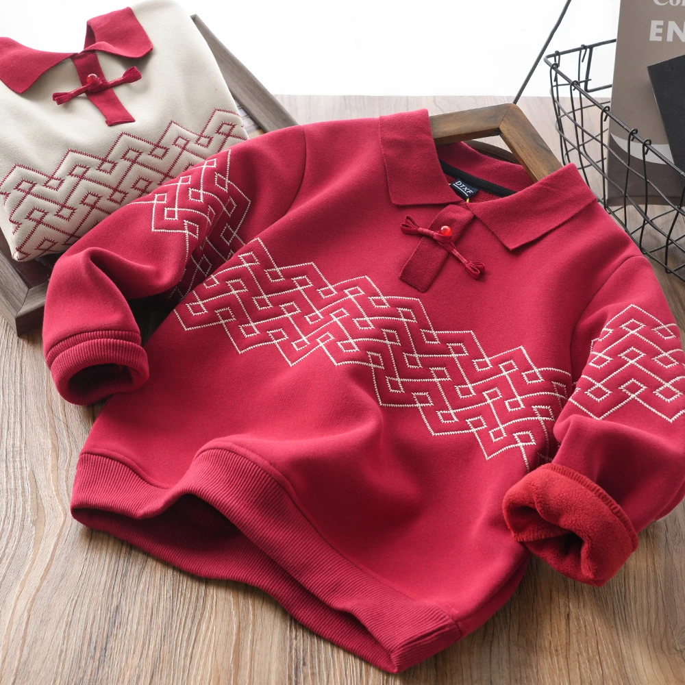 儿童男童秋冬新款刺绣年款翻领加绒卫衣中大童洋气上衣23276