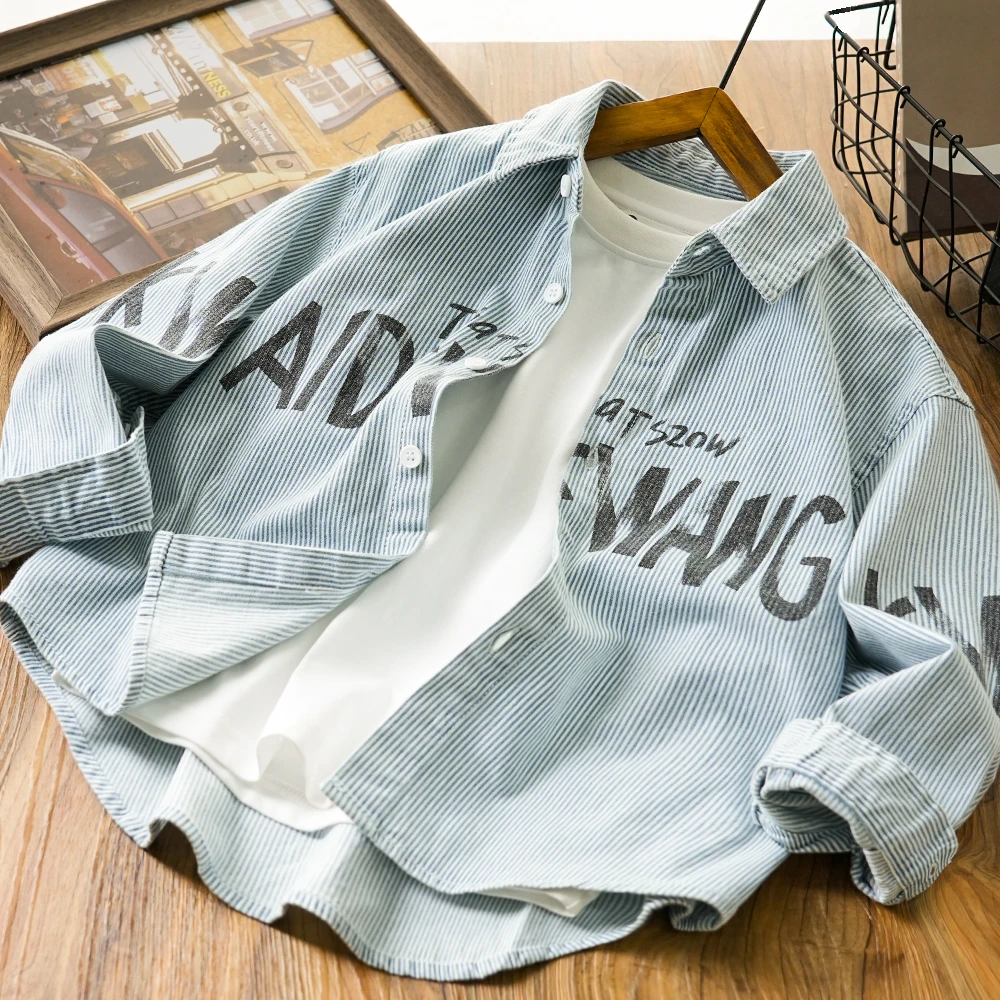 儿童男童秋季新款字母印花竖条纹百搭衬衫中大童翻领休闲6219