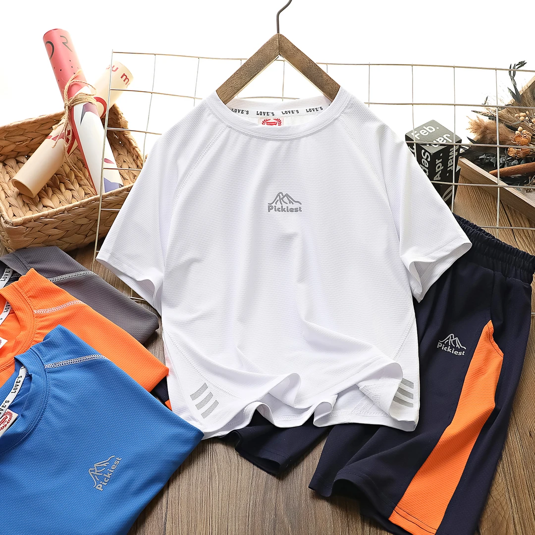 儿童男童夏季新款反光字母速干短袖套装中大童薄款两件套S590