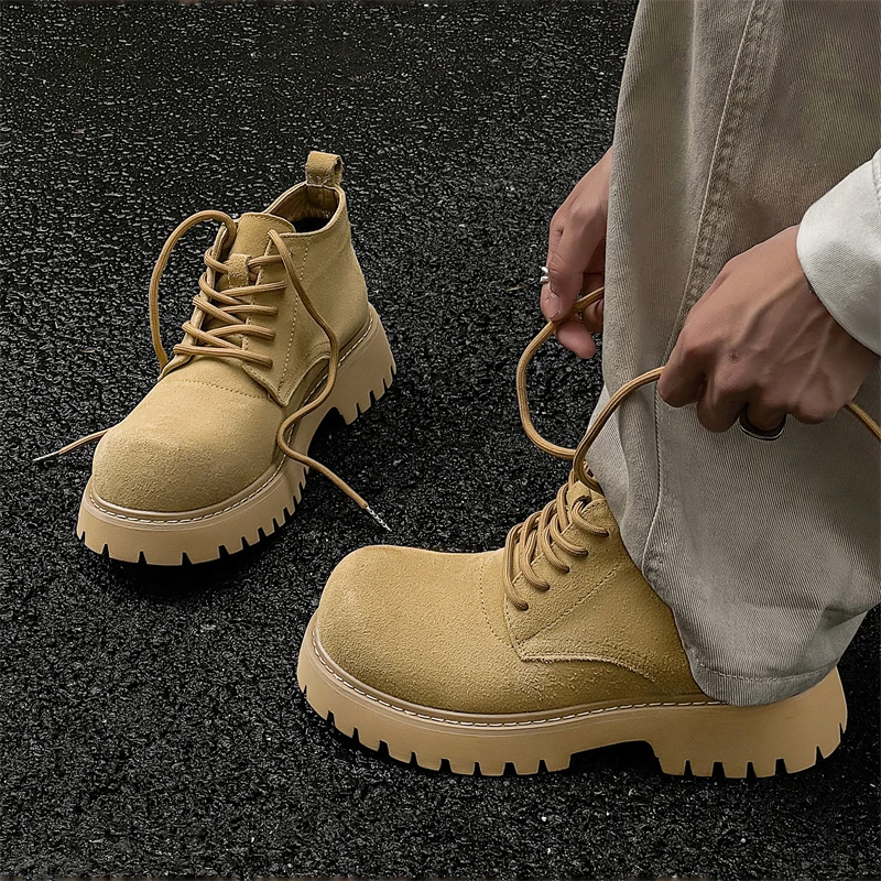 大黄靴男款厚底增高英伦风复古高帮工装机车短靴圆头时尚马丁靴男