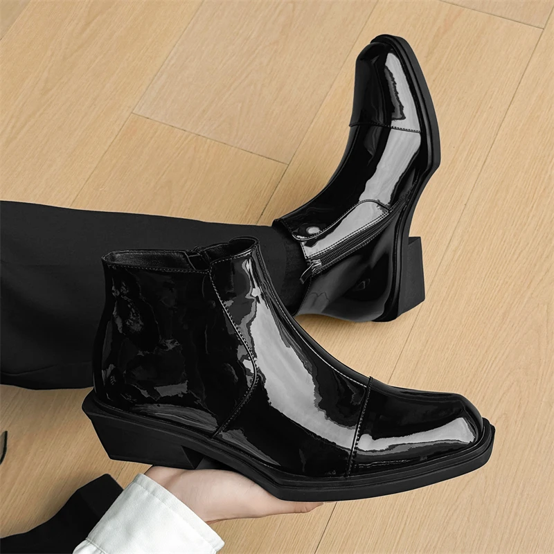 黑色切尔西靴男款厚底高跟漆皮亮面巫师靴英伦风情侣复古马丁靴男