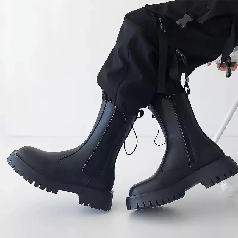 黑色切尔西靴欧美英伦风烟筒男ins长筒百搭侧拉链高帮骑士马丁靴