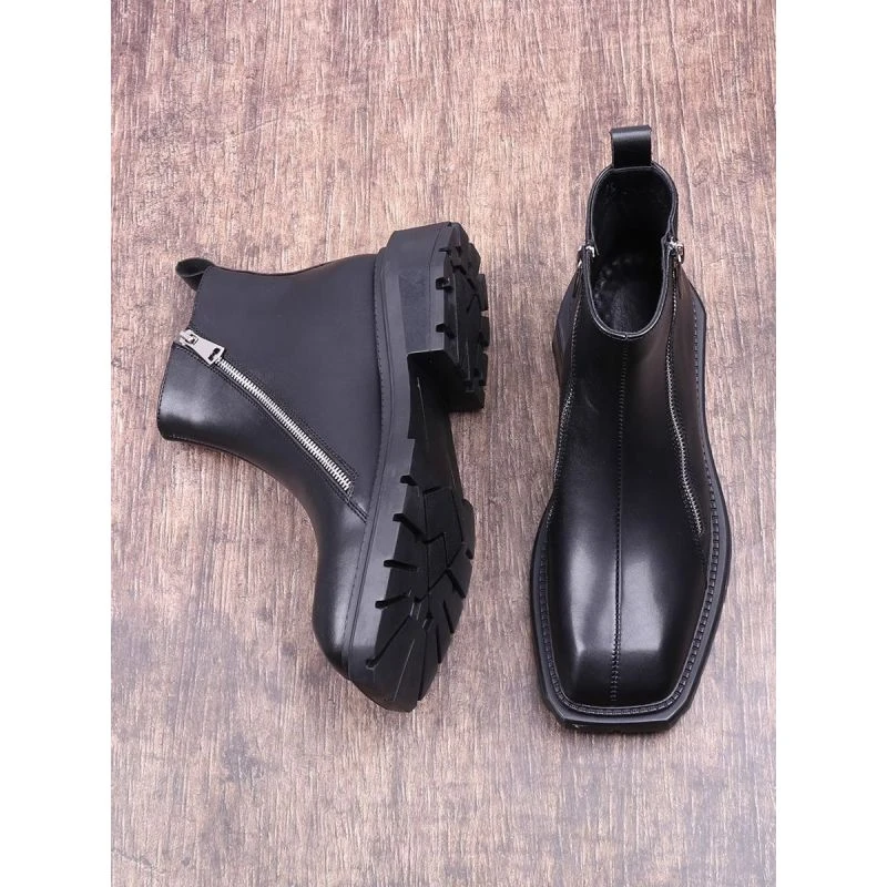 方头切尔西靴男马丁靴侧拉链英伦风黑色休闲高帮皮鞋厚底潮短靴子