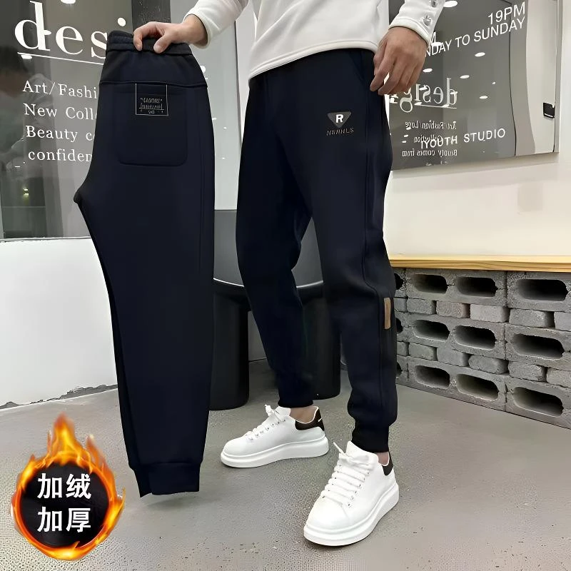 冬季新款加绒加厚刺绣字母休闲裤男士黑色束脚运动卫裤弹力哈伦裤