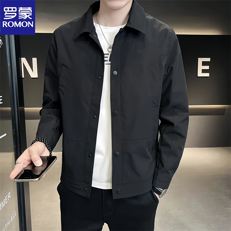 Romon/罗蒙男士外套时尚夹克潮流帅气休闲春秋季翻领纯色上衣男装