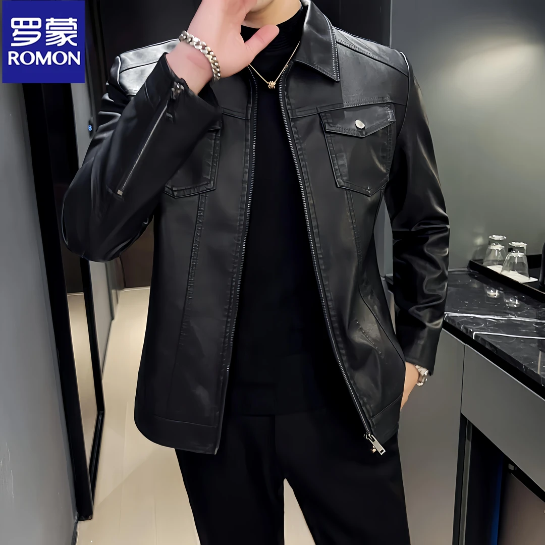 罗蒙皮衣外套男士2024春秋季新款潮流痞帅翻领机车服休闲皮夹克男