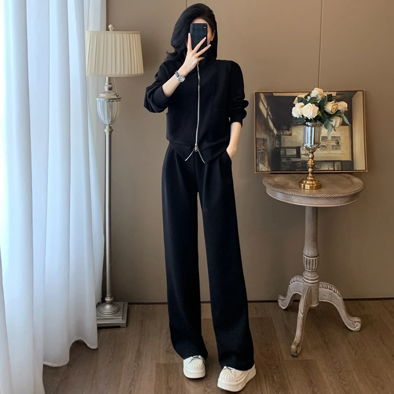 休闲套装女春秋新款时尚慵懒风宽松立领卫衣开衫黑色阔腿裤两件套