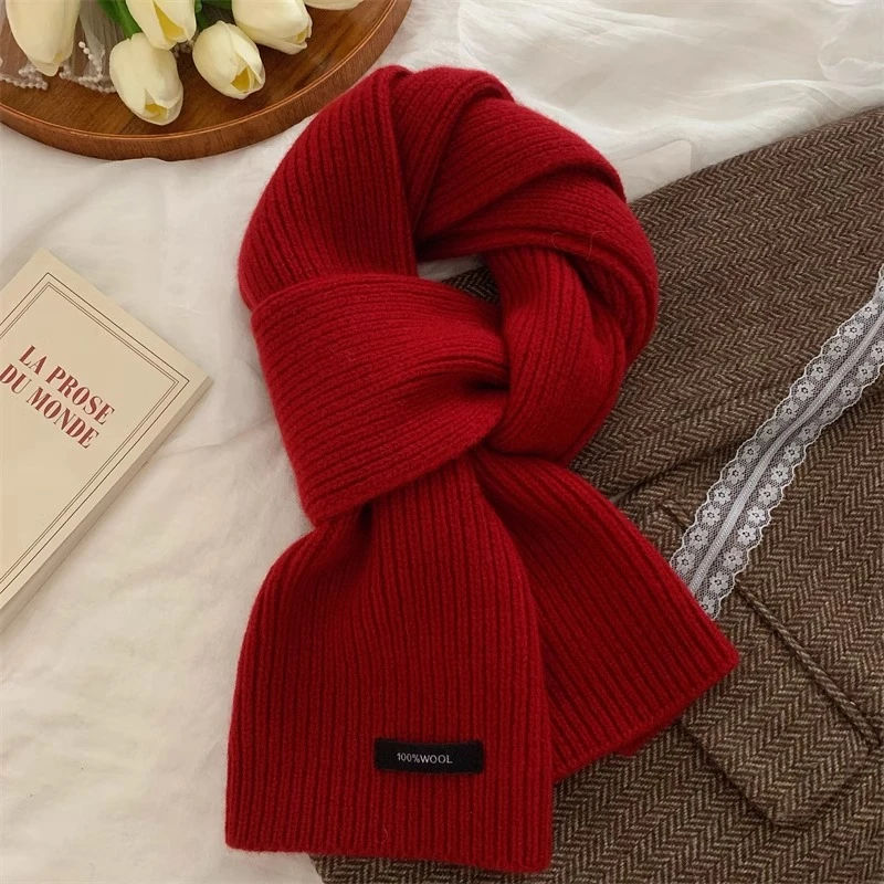 澳洲精选100%全羊毛红色围巾女冬季韩版百搭情侣保暖针织羊绒围脖