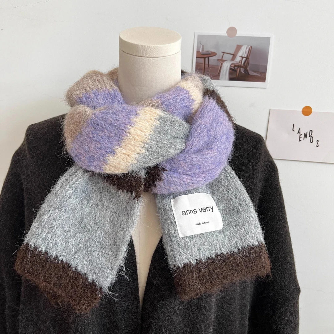 韩国订单款灰紫色条纹撞色马海毛针织围巾女冬季韩版加厚保暖围脖